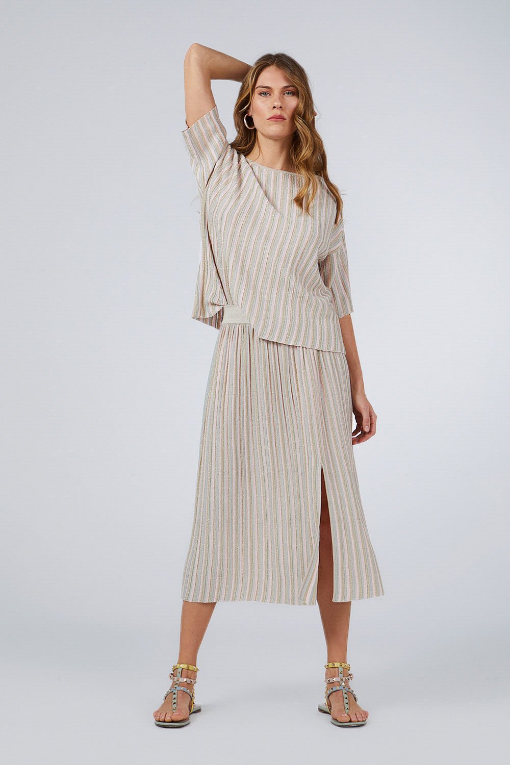 TRICOLOR LUREX MIDI SKIRT WITH A SLID PINK WHITE SILVER