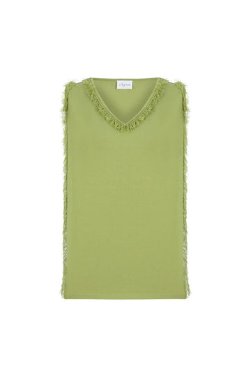 V-NECK FRINGED TOP GREEN