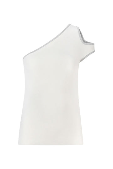 ONE SHOULDER CUTOUT TOP WHITE SILVER
