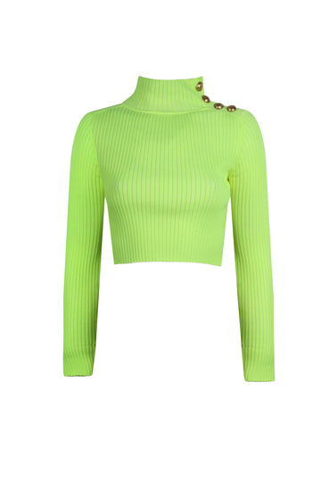 NEON CROP KNITWEAR SWEATER WITH BUTTONED SHOULDER YELLOW