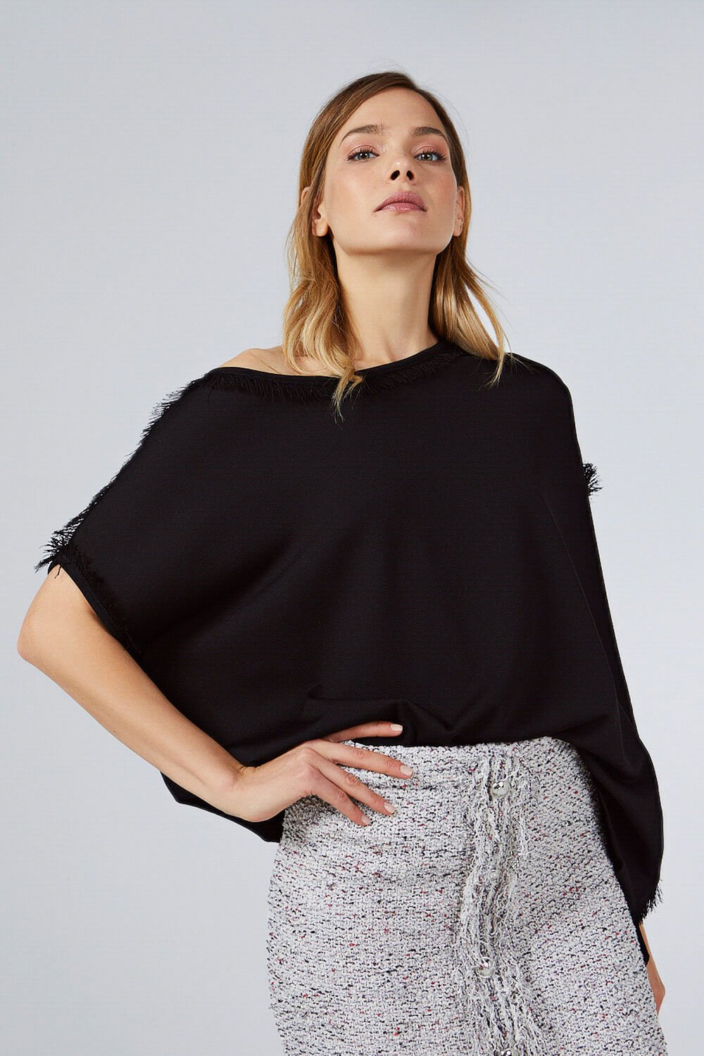 FRINGED BOAT NECK KNITWEAR TOP BLACK