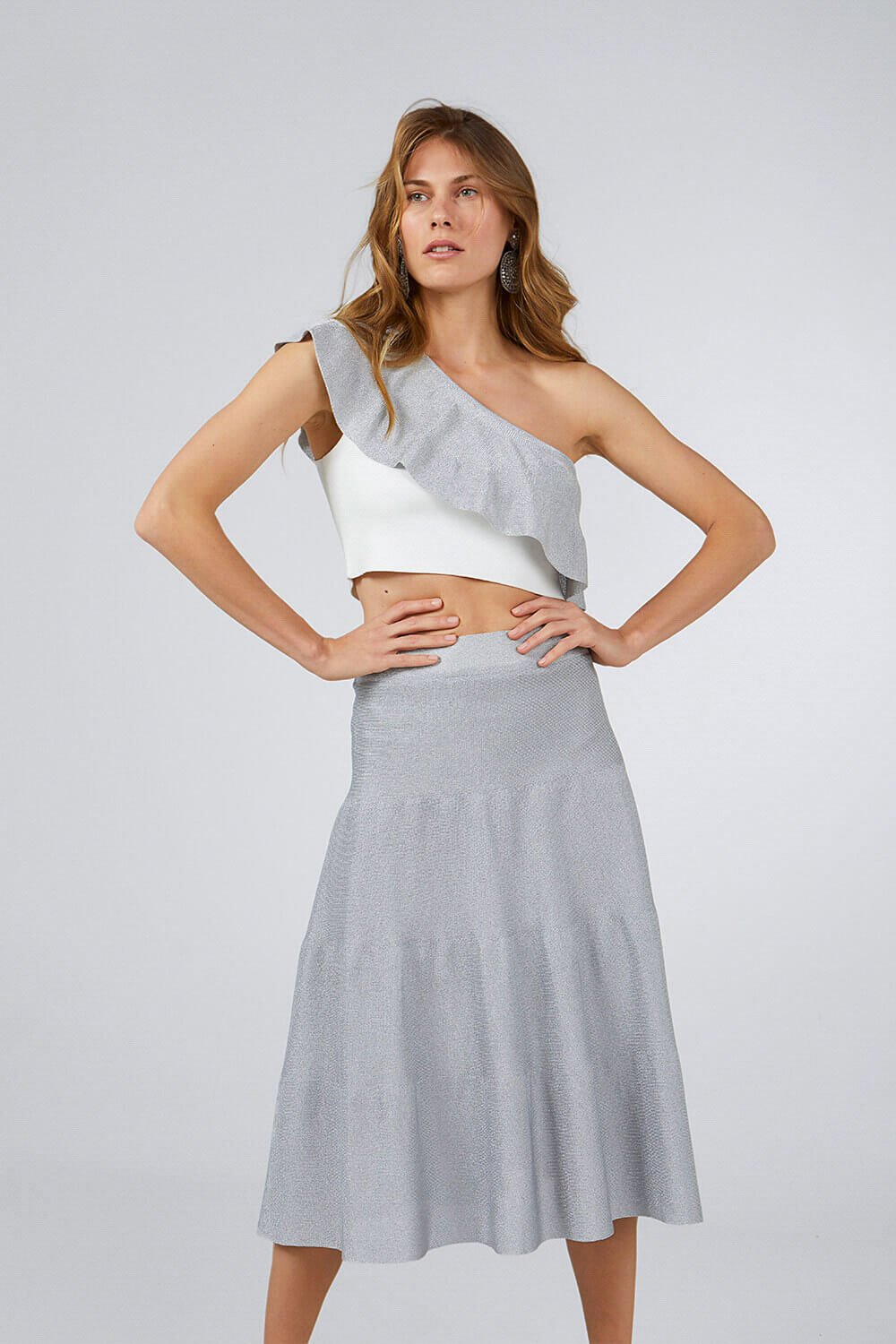 GLITTERED MIDI SKIRT SILVER