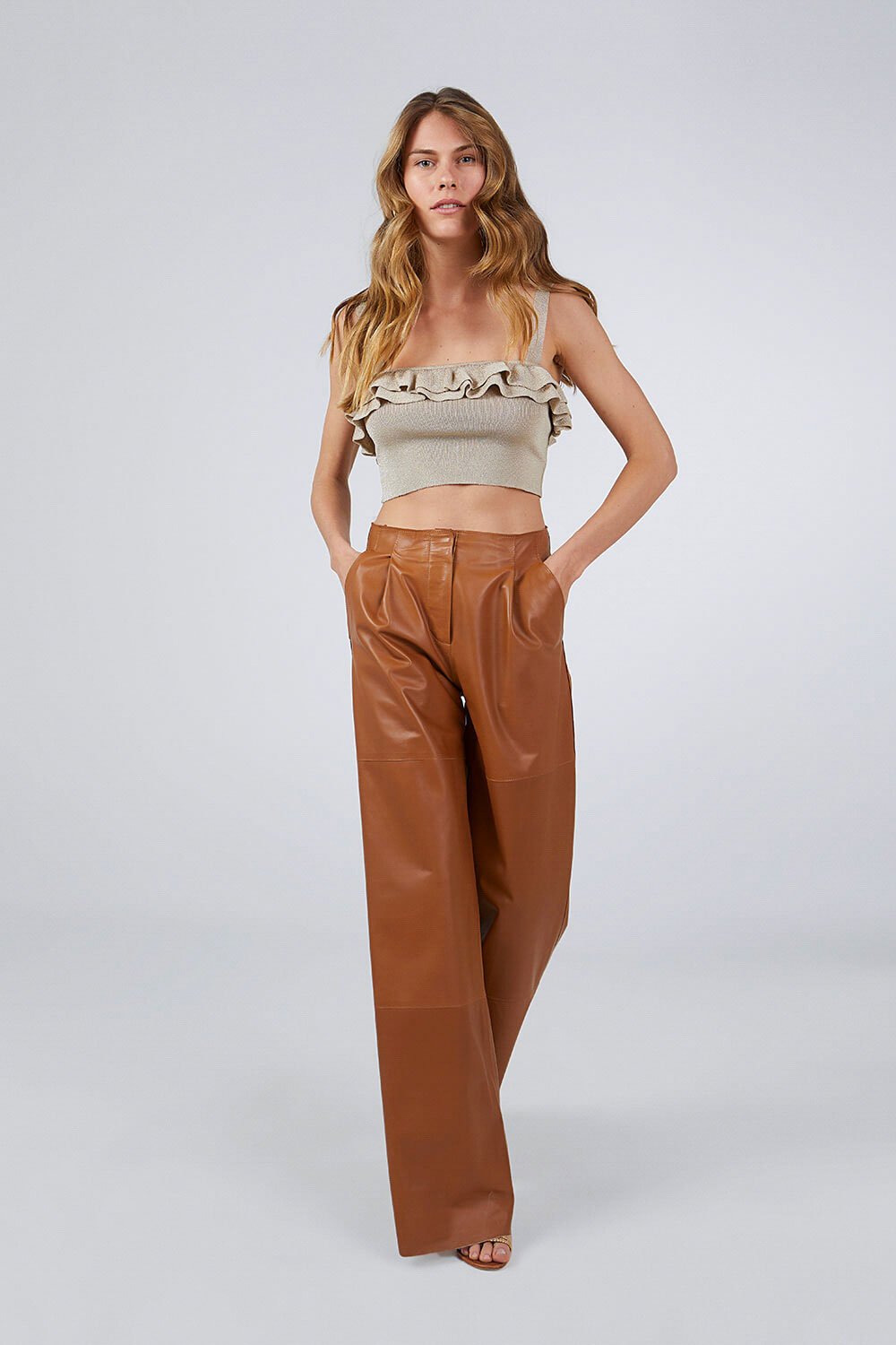 WIDE-LEG LEATHER PANTS TAN