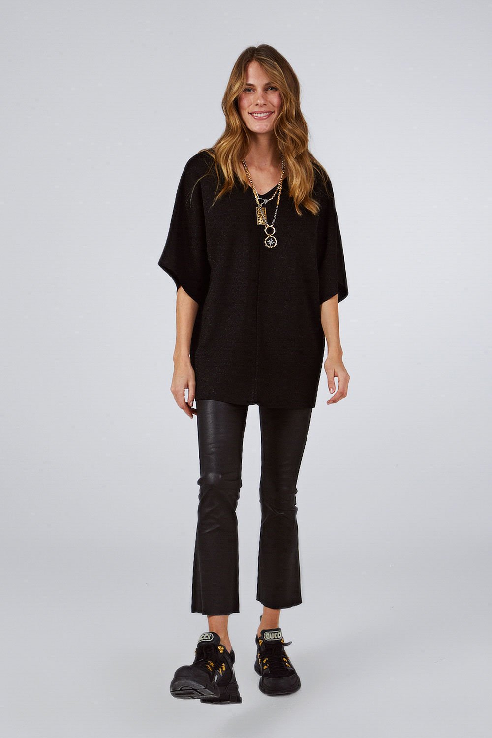 V-NECK LOW SHOULDER SHORT SLEEVE SILVERY BLOUSE BLACK