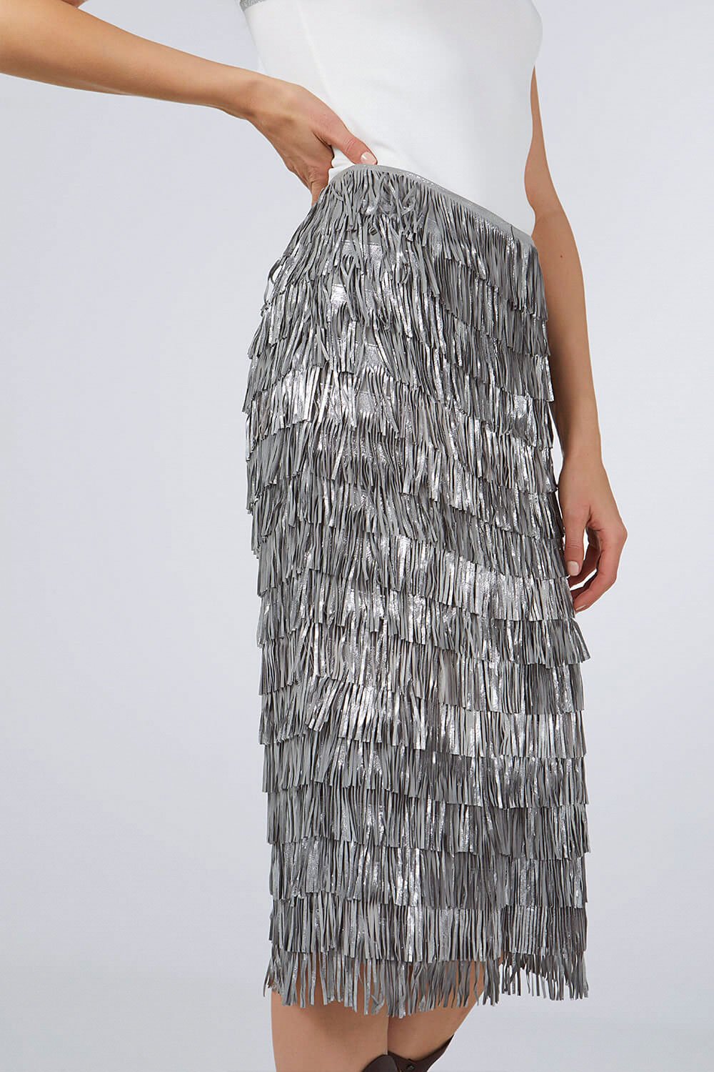 SUEDE MIDI SKIRT WITH SILVER FRINGES