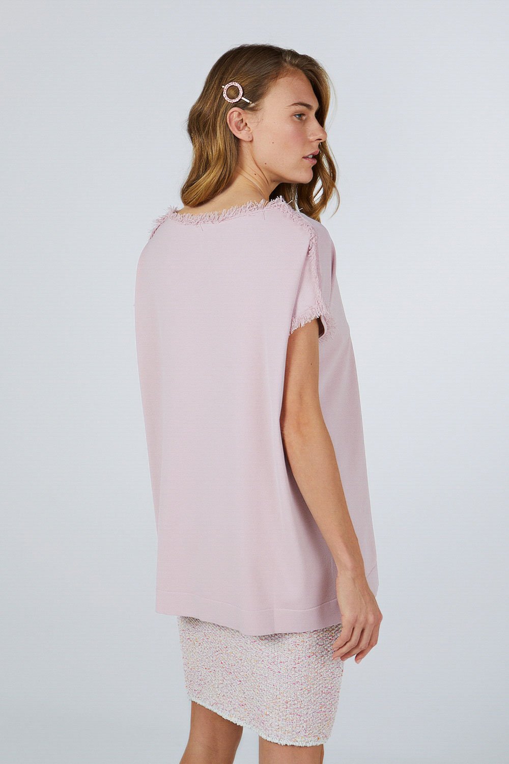 FRINGED BOAT NECK KNITWEAR TOP PINK