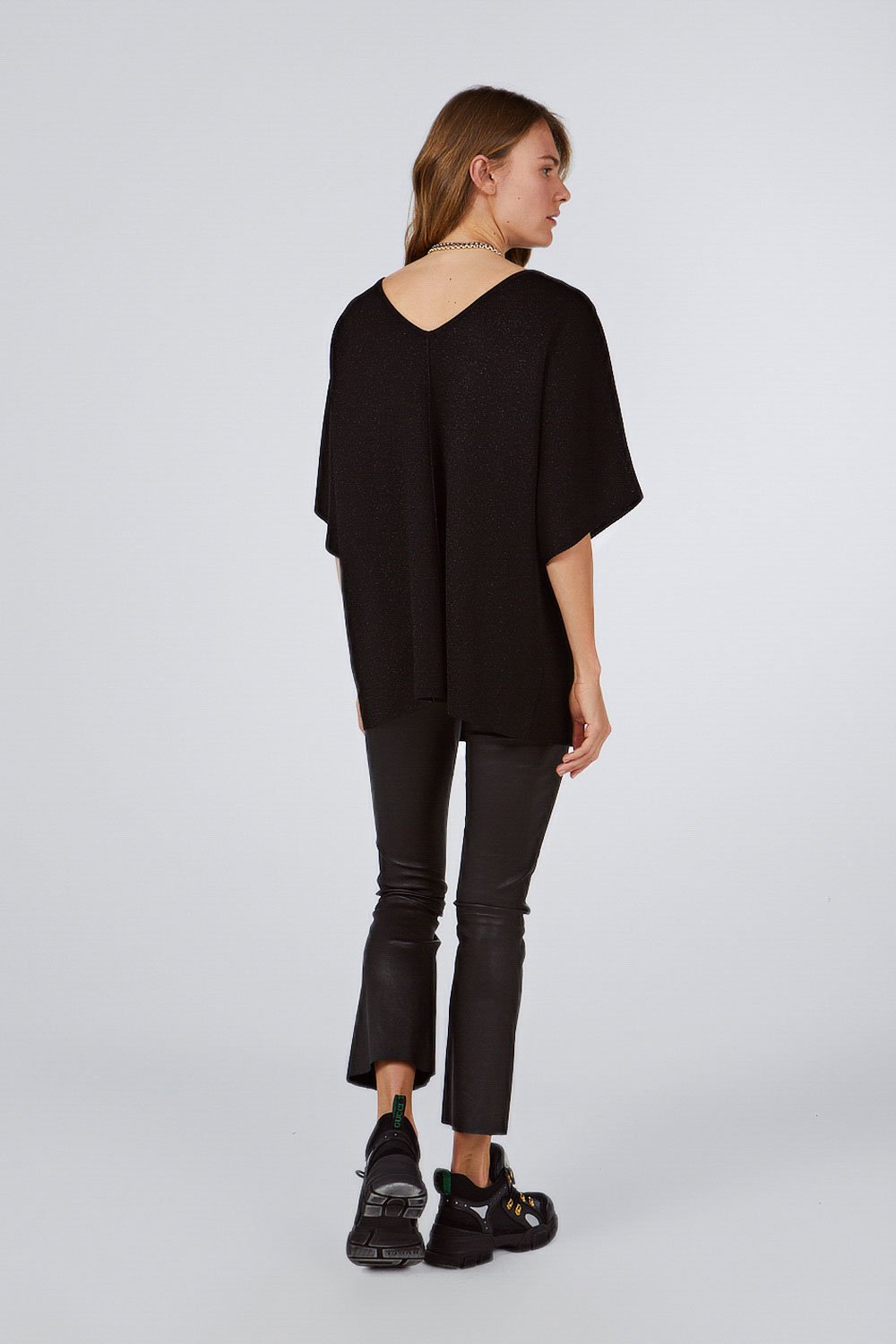 V-NECK LOW SHOULDER SHORT SLEEVE SILVERY BLOUSE BLACK