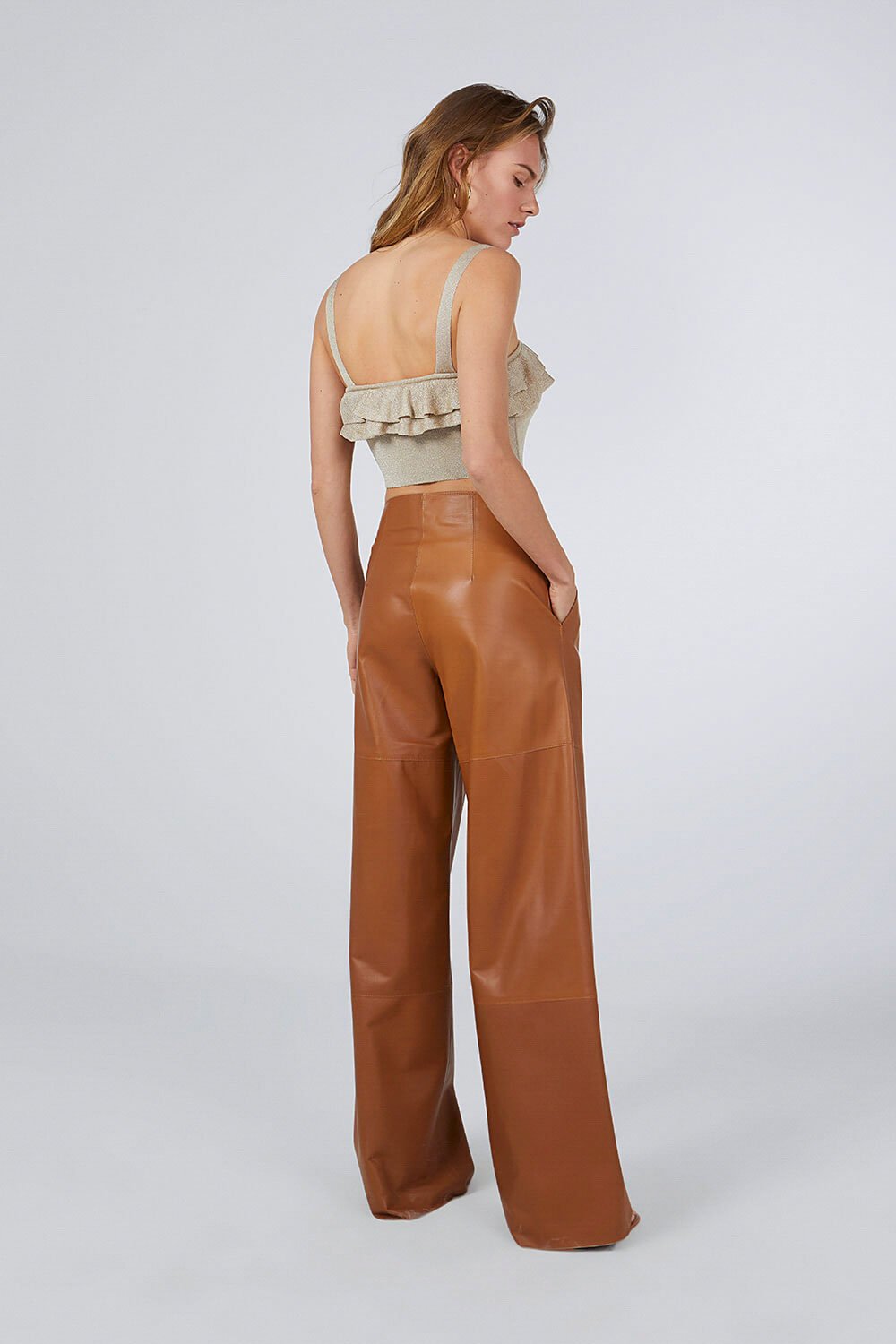 WIDE-LEG LEATHER PANTS TAN