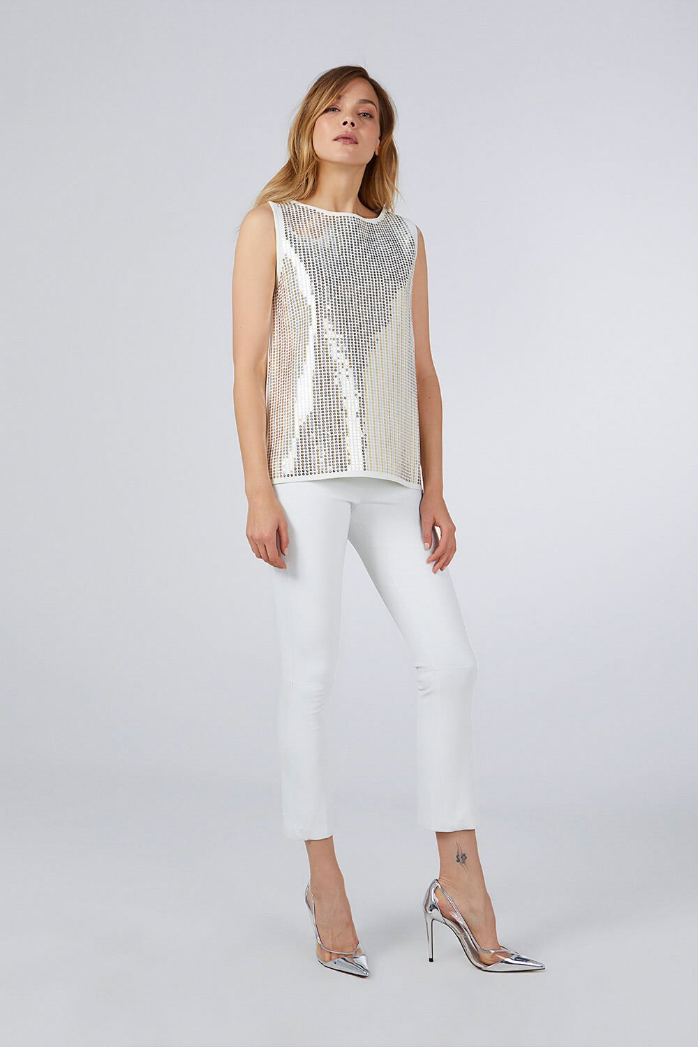 SEQUINED TRICOT TOP WHITE