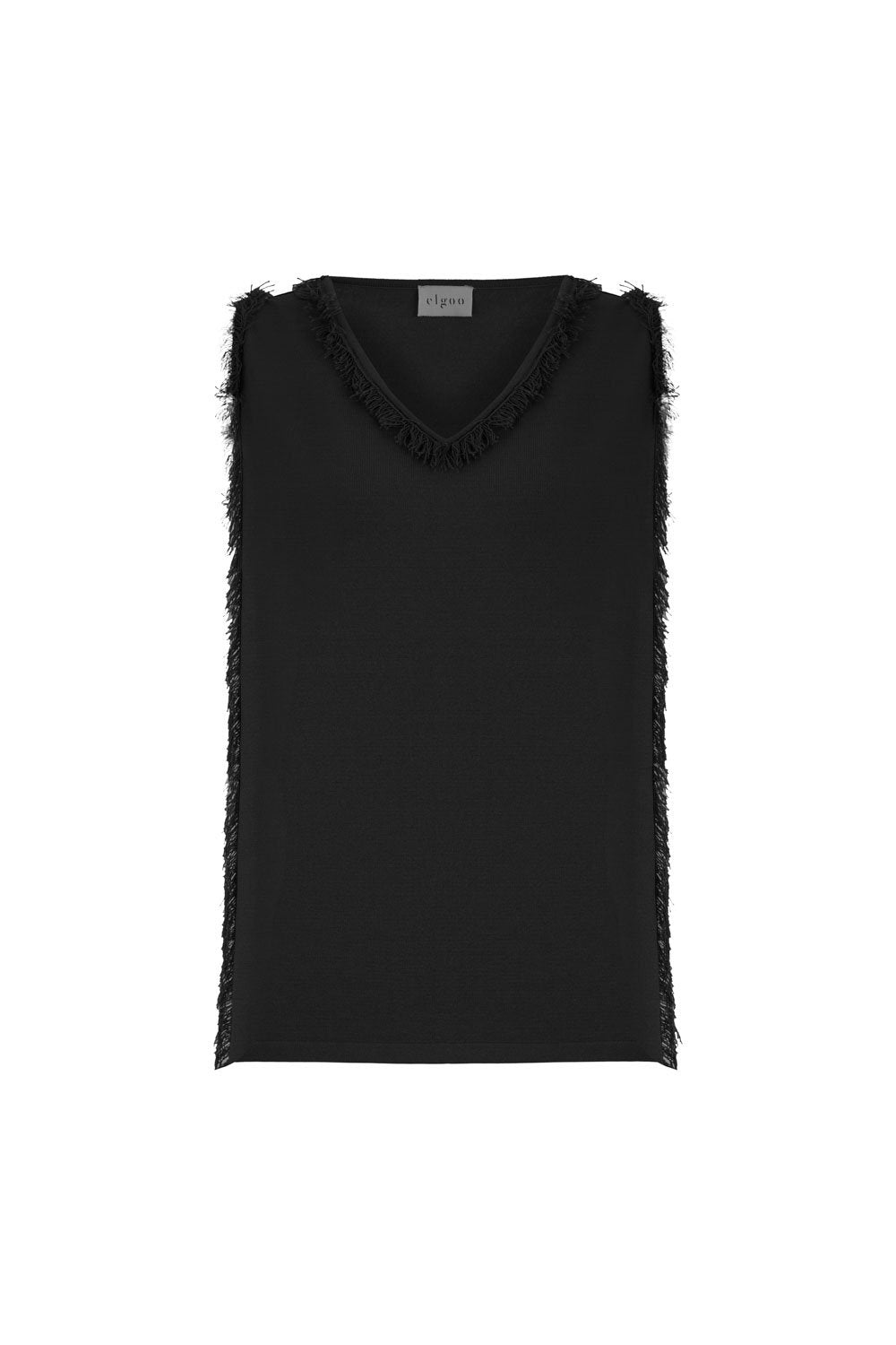 V-NECK FRINGED TOP BLACK