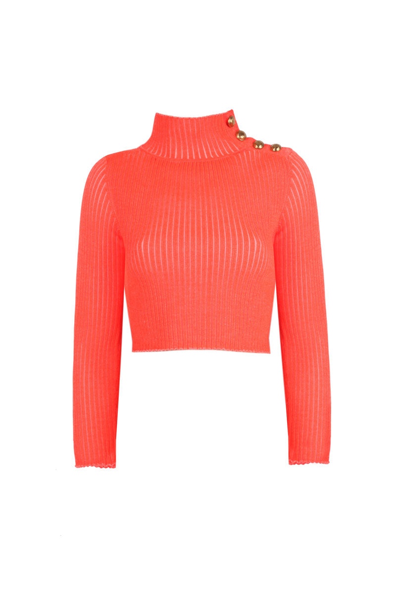 NEON CROP KNITWEAR SWEATER WITH BUTTONED SHOULDER ORANGE