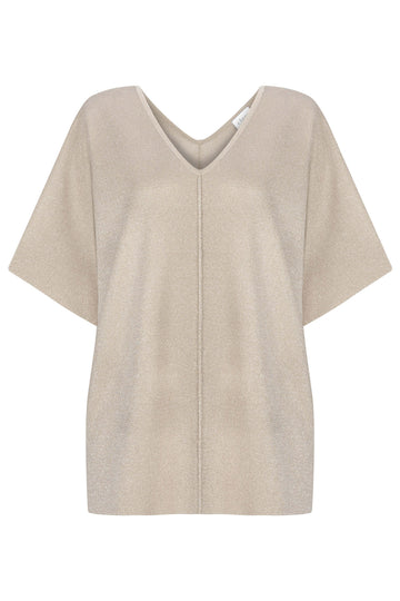 V-NECK RELAXED FIT HALF SLEEVE GLITTERED TOP GOLD